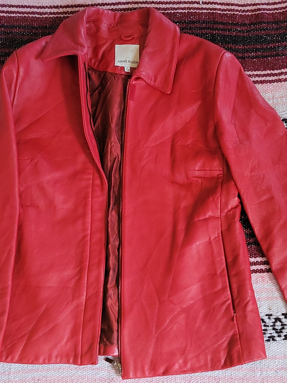 Anne Klein Vibrant Red Leather Zip-Front Jacket